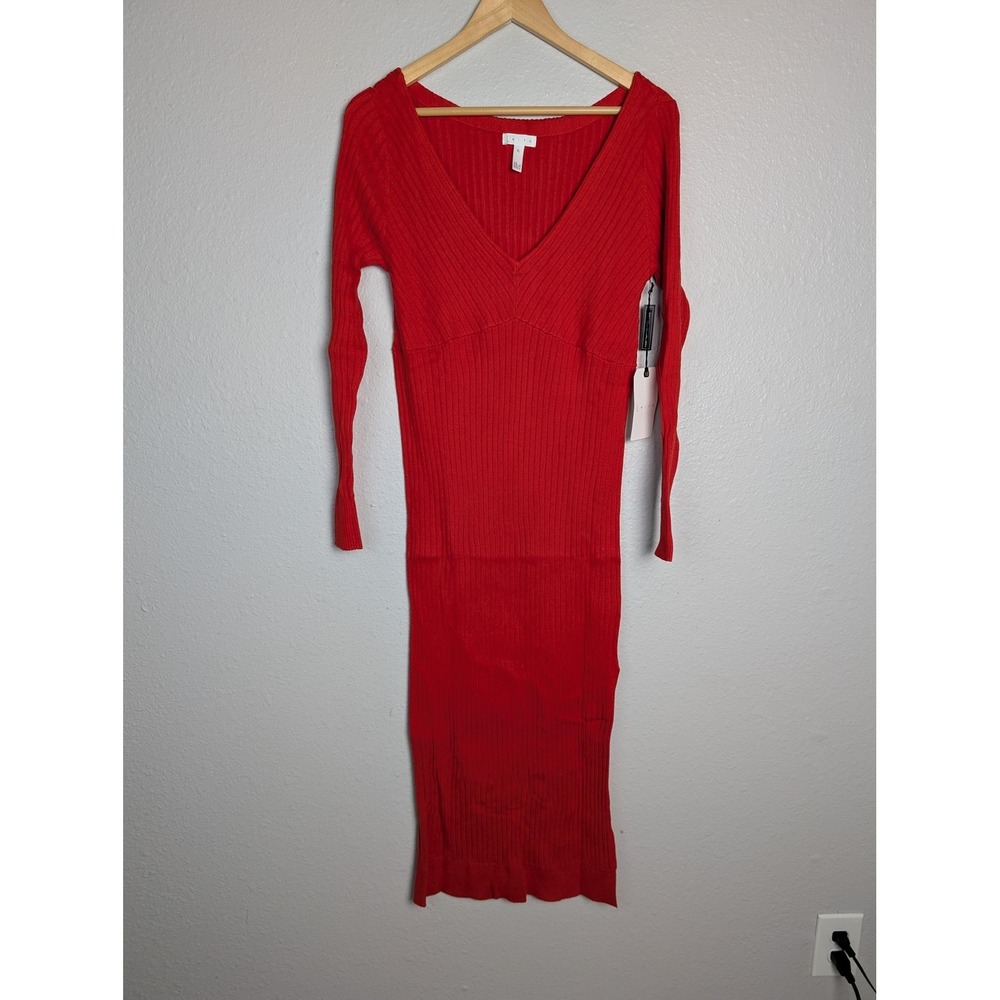 Leith Red Ribbed V-Neck Sweater‎ Dress Womens XL Long Sleeve Pullover NWT